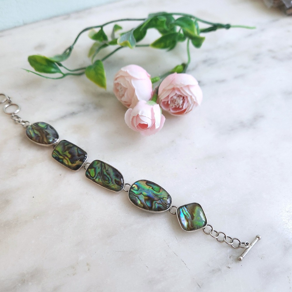 LUC 925 Sterling Silver Abalone Shell Toggle Link Bracelet Iridescent Boho - Picture 3 of 6